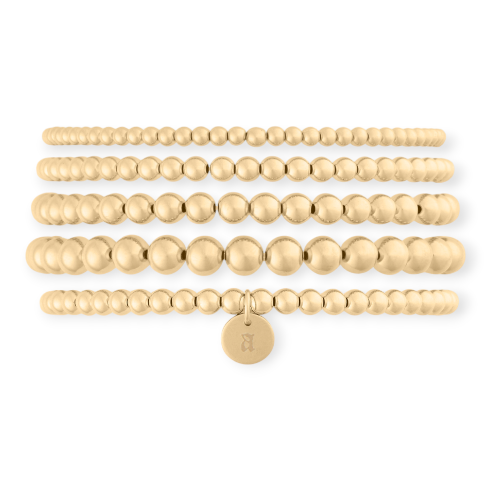 old english initial juno bracelet five stack (3+4+4+5+6mm)